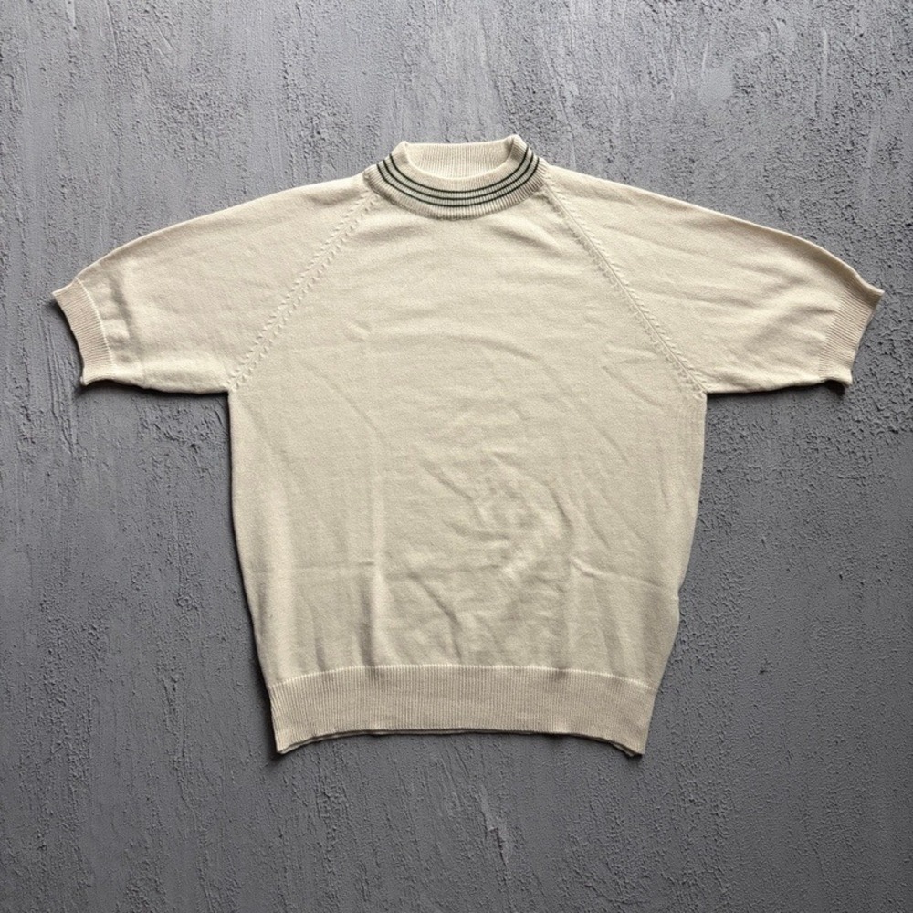 Vintage Sears Sweater Large Cream 1970s Short Sleeve Mock Neck Striped